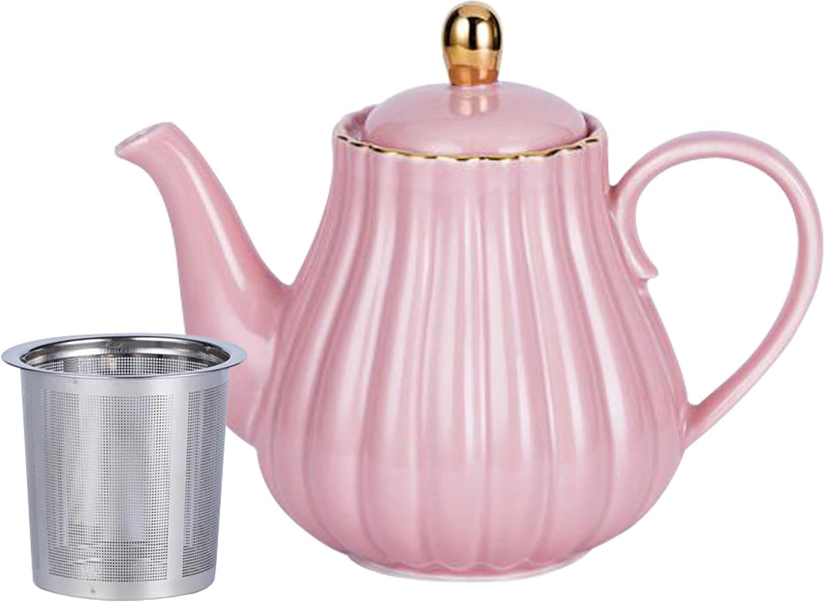 Pink Porcelain Teapot with Removable Stainless Steel Infuser, Blooming & Loose Leaf Teapot, Home Decor - 28 Ounce (Pink, 28 OZ)