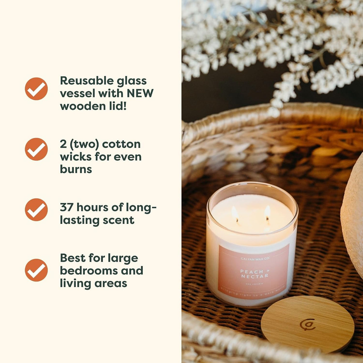. Peach & Nectar 2 Wick Scented Candle - 37 Hour Burn