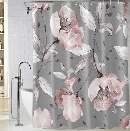 Grey Pink Flower Shower Curtains 72 x 72 Inch, Waterproof Fabric Watercolor Botanical Floral Shower Curtains for Bathroom with 12 Hooks