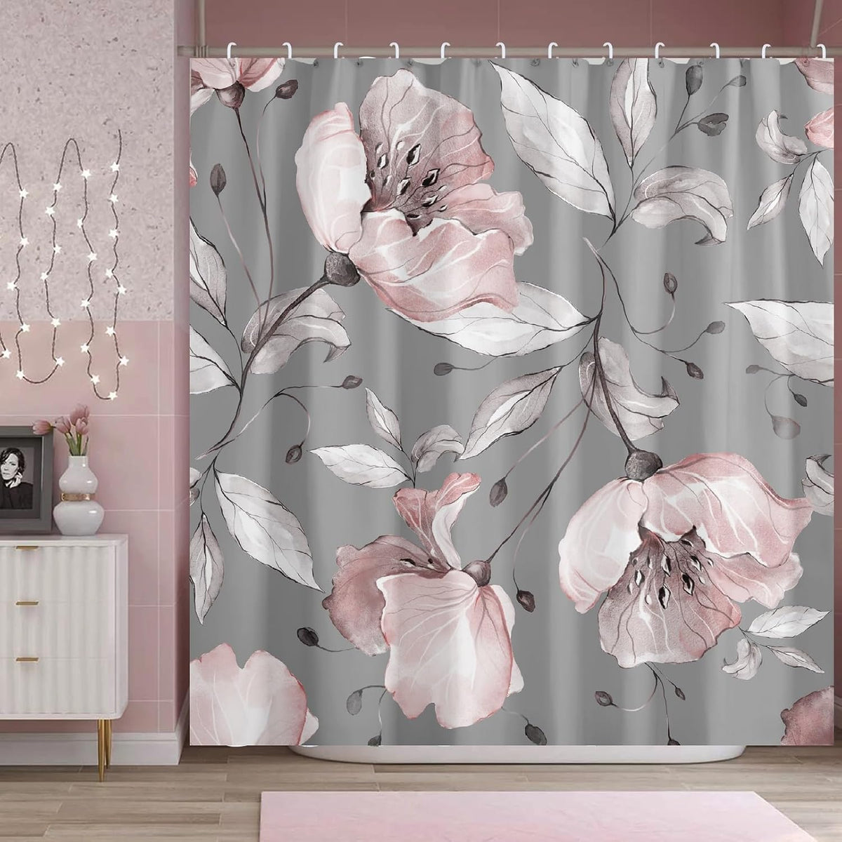 Grey Pink Flower Shower Curtains 72 x 72 Inch, Waterproof Fabric Watercolor Botanical Floral Shower Curtains for Bathroom with 12 Hooks