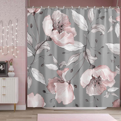 Grey Pink Flower Shower Curtains 72 x 72 Inch, Waterproof Fabric Watercolor Botanical Floral Shower Curtains for Bathroom with 12 Hooks