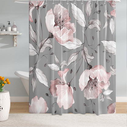 Grey Pink Flower Shower Curtains 72 x 72 Inch, Waterproof Fabric Watercolor Botanical Floral Shower Curtains for Bathroom with 12 Hooks