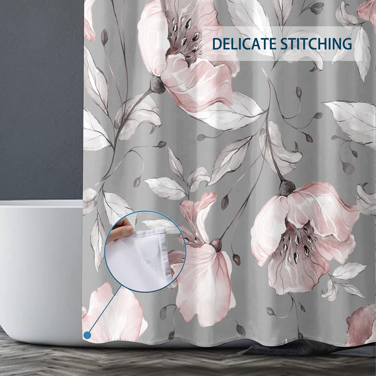 Grey Pink Flower Shower Curtains 72 x 72 Inch, Waterproof Fabric Watercolor Botanical Floral Shower Curtains for Bathroom with 12 Hooks