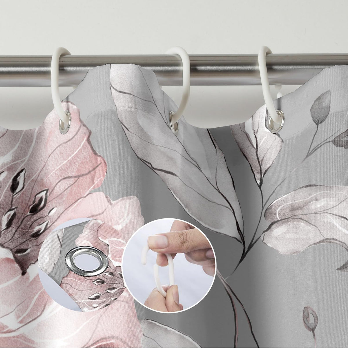 Grey Pink Flower Shower Curtains 72 x 72 Inch, Waterproof Fabric Watercolor Botanical Floral Shower Curtains for Bathroom with 12 Hooks