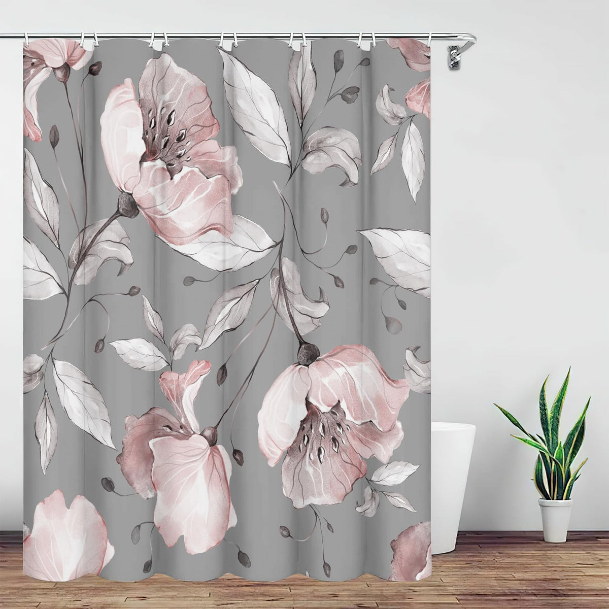 Grey Pink Flower Shower Curtains 72 x 72 Inch, Waterproof Fabric Watercolor Botanical Floral Shower Curtains for Bathroom with 12 Hooks