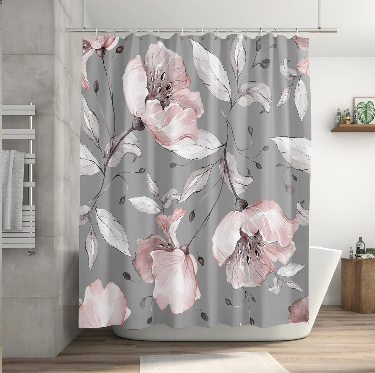 Grey Pink Flower Shower Curtains 72 x 72 Inch, Waterproof Fabric Watercolor Botanical Floral Shower Curtains for Bathroom with 12 Hooks