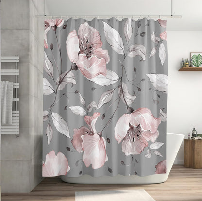 Grey Pink Flower Shower Curtains 72 x 72 Inch, Waterproof Fabric Watercolor Botanical Floral Shower Curtains for Bathroom with 12 Hooks