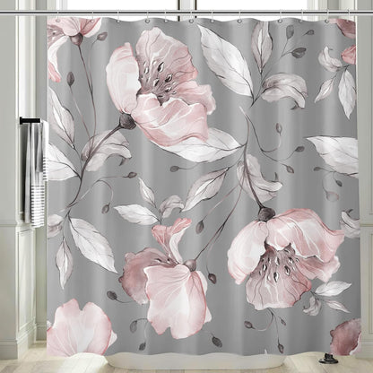 Grey Pink Flower Shower Curtains 72 x 72 Inch, Waterproof Fabric Watercolor Botanical Floral Shower Curtains for Bathroom with 12 Hooks