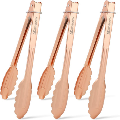 9 Inch Kitchen Food Tongs for Cooking and Serving Tongs- Aluminum - Set of 3 (pink gold)