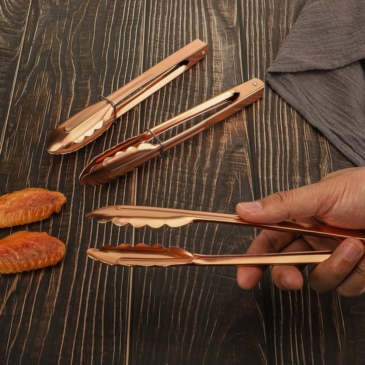 9 Inch Kitchen Food Tongs for Cooking and Serving Tongs- Aluminum - Set of 3 (pink gold)