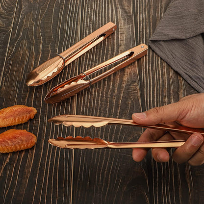 9 Inch Kitchen Food Tongs for Cooking and Serving Tongs- Aluminum - Set of 3 (pink gold)