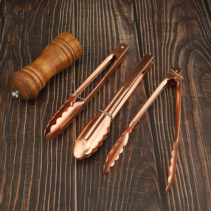 9 Inch Kitchen Food Tongs for Cooking and Serving Tongs- Aluminum - Set of 3 (pink gold)