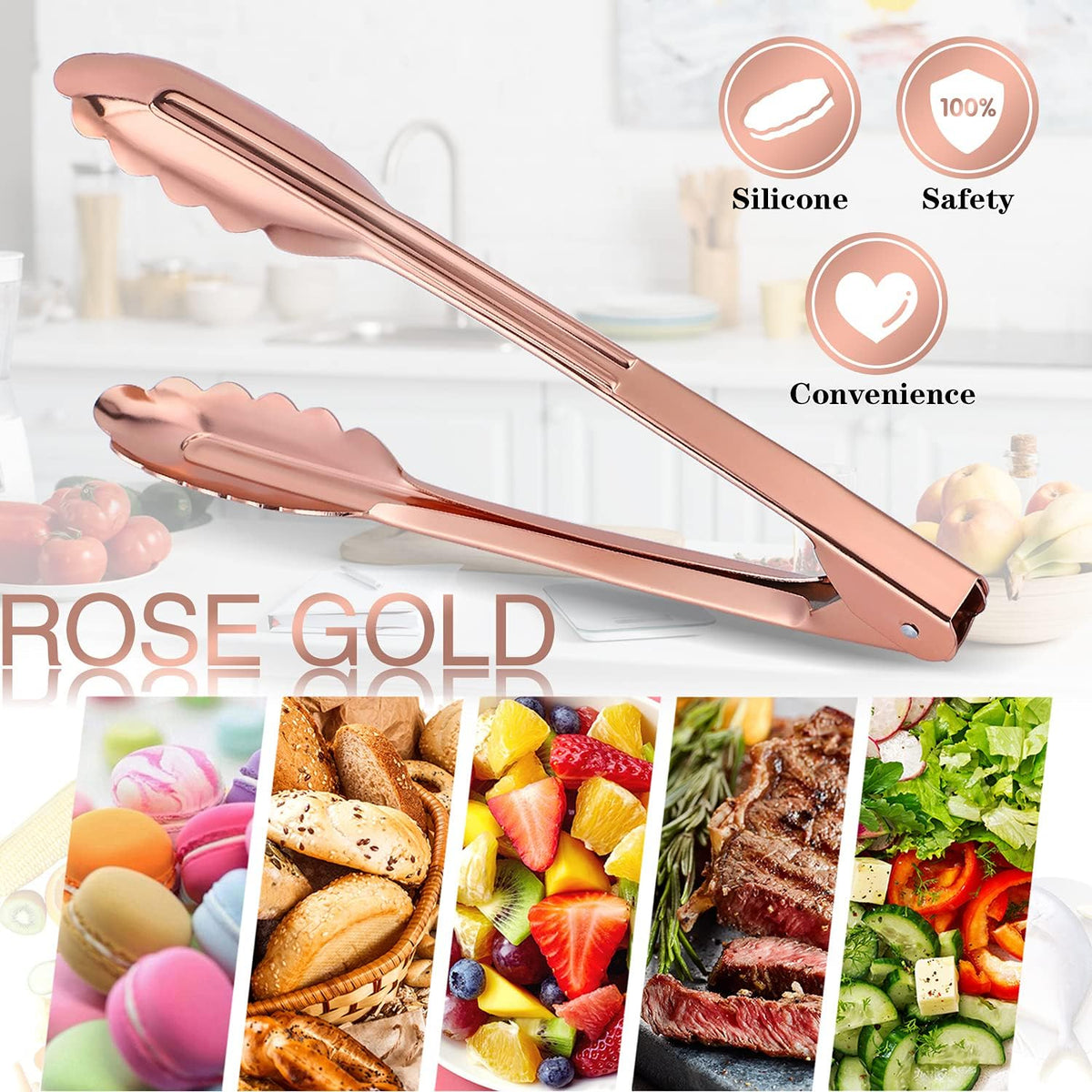 9 Inch Kitchen Food Tongs for Cooking and Serving Tongs- Aluminum - Set of 3 (pink gold)