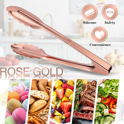 9 Inch Kitchen Food Tongs for Cooking and Serving Tongs- Aluminum - Set of 3 (pink gold)
