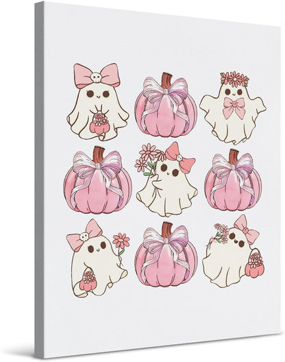 Pink Halloween Ghost Pumpkin Canvas Wall Art Decor Framed 8x10, Cute Girly Coquette Pink Bow Halloween Wall Decor Poster Prints Artwork for Girls Bedroom Dorm Apartment