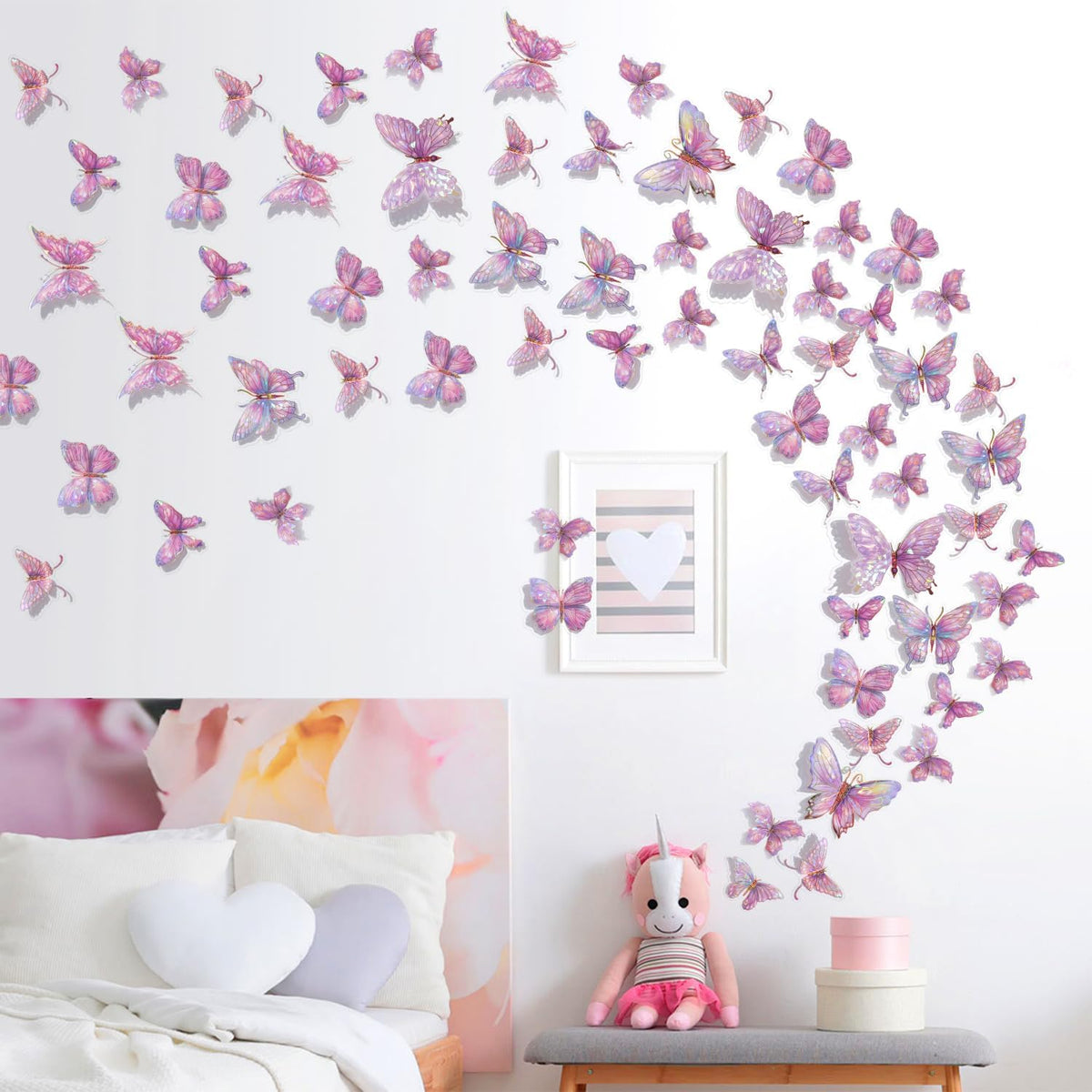 3D Butterfly Wall Decor - 50PCS Removable PVC Butterflies Wall Stickers- Multi-Size (2.8"-3.9")- DIY Removable Wall Art Decal for Kids Room, Nursery, Bedroom, Classroom, Party Decoration (Pink)
