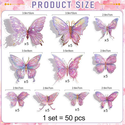3D Butterfly Wall Decor - 50PCS Removable PVC Butterflies Wall Stickers- Multi-Size (2.8"-3.9")- DIY Removable Wall Art Decal for Kids Room, Nursery, Bedroom, Classroom, Party Decoration (Pink)