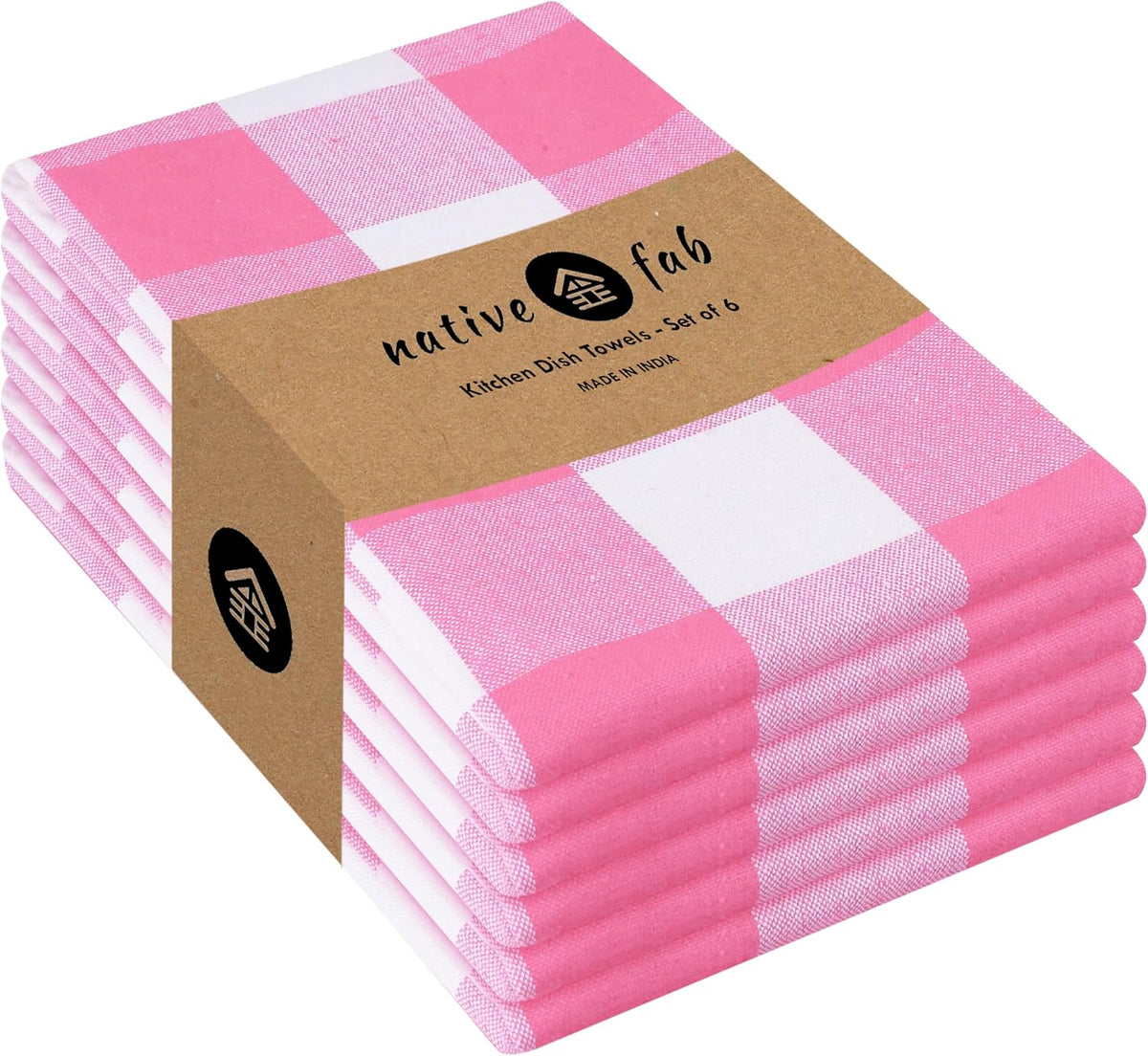 Pink Checked Kitchen Towels 16"x26" - 6 Pack Buffalo Plaid Cotton Dish Towels - Absorbent Dishcloth Set, Soft Reusable Towel with Hanging Loop - Pink White