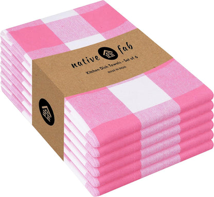 Pink Checked Kitchen Towels 16"x26" - 6 Pack Buffalo Plaid Cotton Dish Towels - Absorbent Dishcloth Set, Soft Reusable Towel with Hanging Loop - Pink White