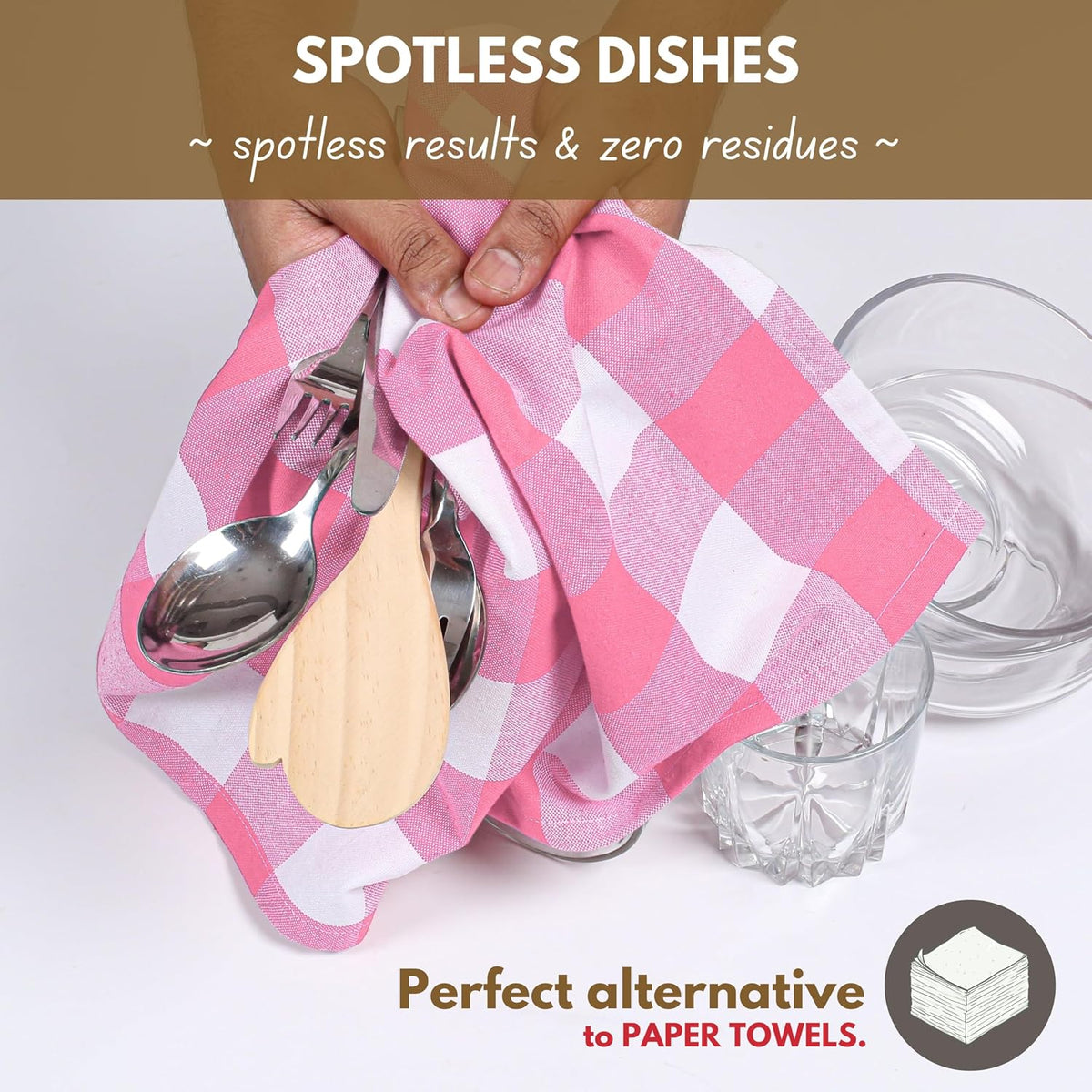 Pink Checked Kitchen Towels 16"x26" - 6 Pack Buffalo Plaid Cotton Dish Towels - Absorbent Dishcloth Set, Soft Reusable Towel with Hanging Loop - Pink White