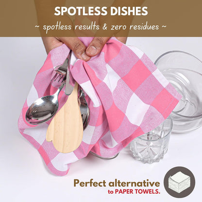Pink Checked Kitchen Towels 16"x26" - 6 Pack Buffalo Plaid Cotton Dish Towels - Absorbent Dishcloth Set, Soft Reusable Towel with Hanging Loop - Pink White