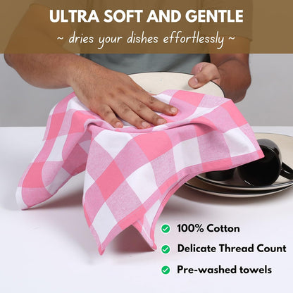 Pink Checked Kitchen Towels 16"x26" - 6 Pack Buffalo Plaid Cotton Dish Towels - Absorbent Dishcloth Set, Soft Reusable Towel with Hanging Loop - Pink White
