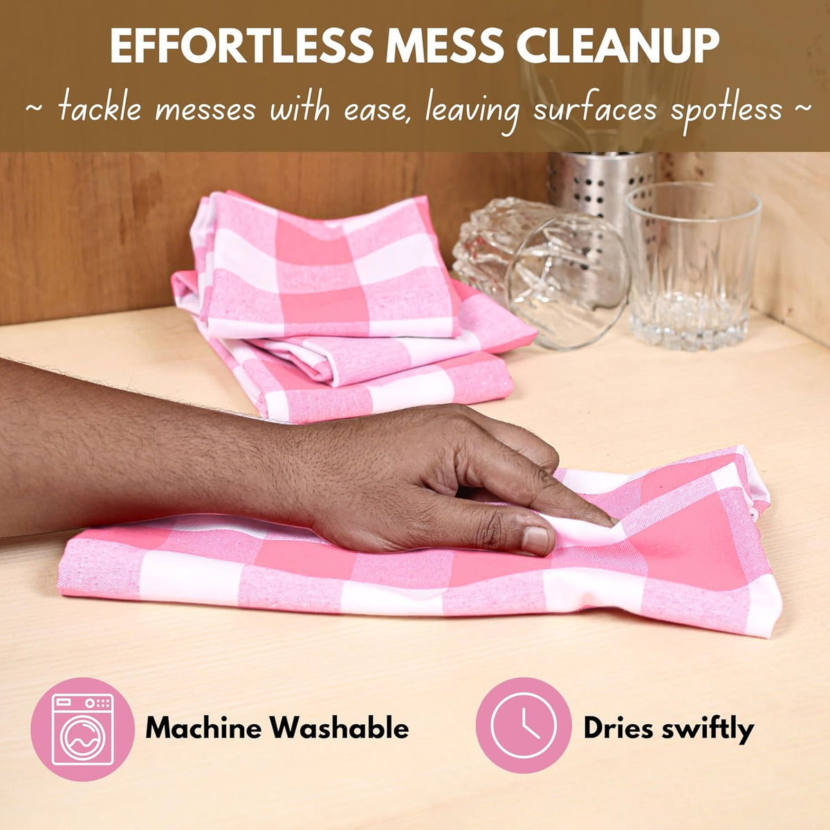 Pink Checked Kitchen Towels 16"x26" - 6 Pack Buffalo Plaid Cotton Dish Towels - Absorbent Dishcloth Set, Soft Reusable Towel with Hanging Loop - Pink White