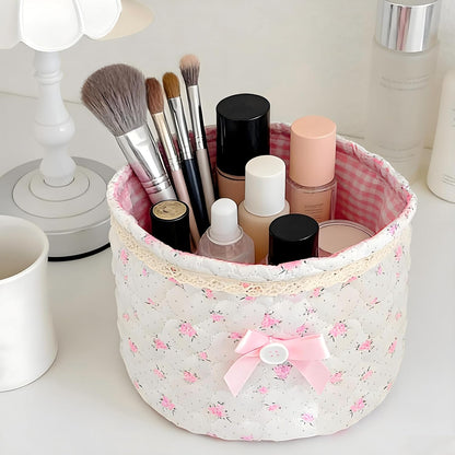 Cosmetic Storage Basket Lace Bow Small Storage Quilted Cotton Basket Multifunctional Desk Container Organizer Cute Bedside Caddy for Little Items for Countertop or Dresser (Pink and White)