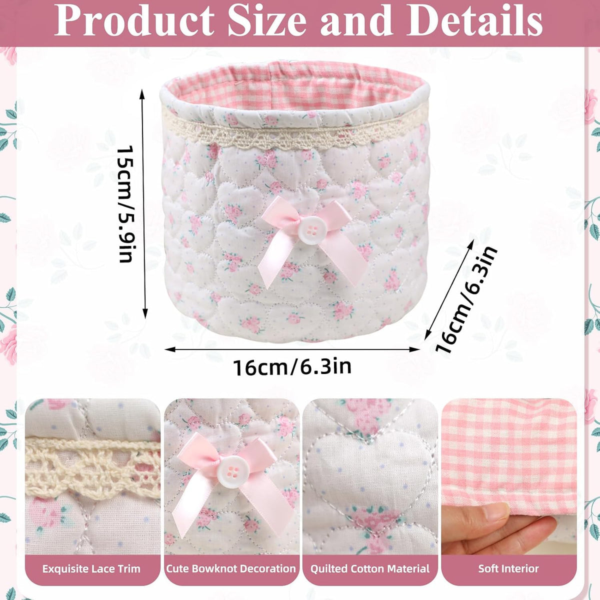 Cosmetic Storage Basket Lace Bow Small Storage Quilted Cotton Basket Multifunctional Desk Container Organizer Cute Bedside Caddy for Little Items for Countertop or Dresser (Pink and White)