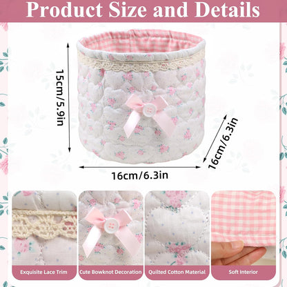 Cosmetic Storage Basket Lace Bow Small Storage Quilted Cotton Basket Multifunctional Desk Container Organizer Cute Bedside Caddy for Little Items for Countertop or Dresser (Pink and White)