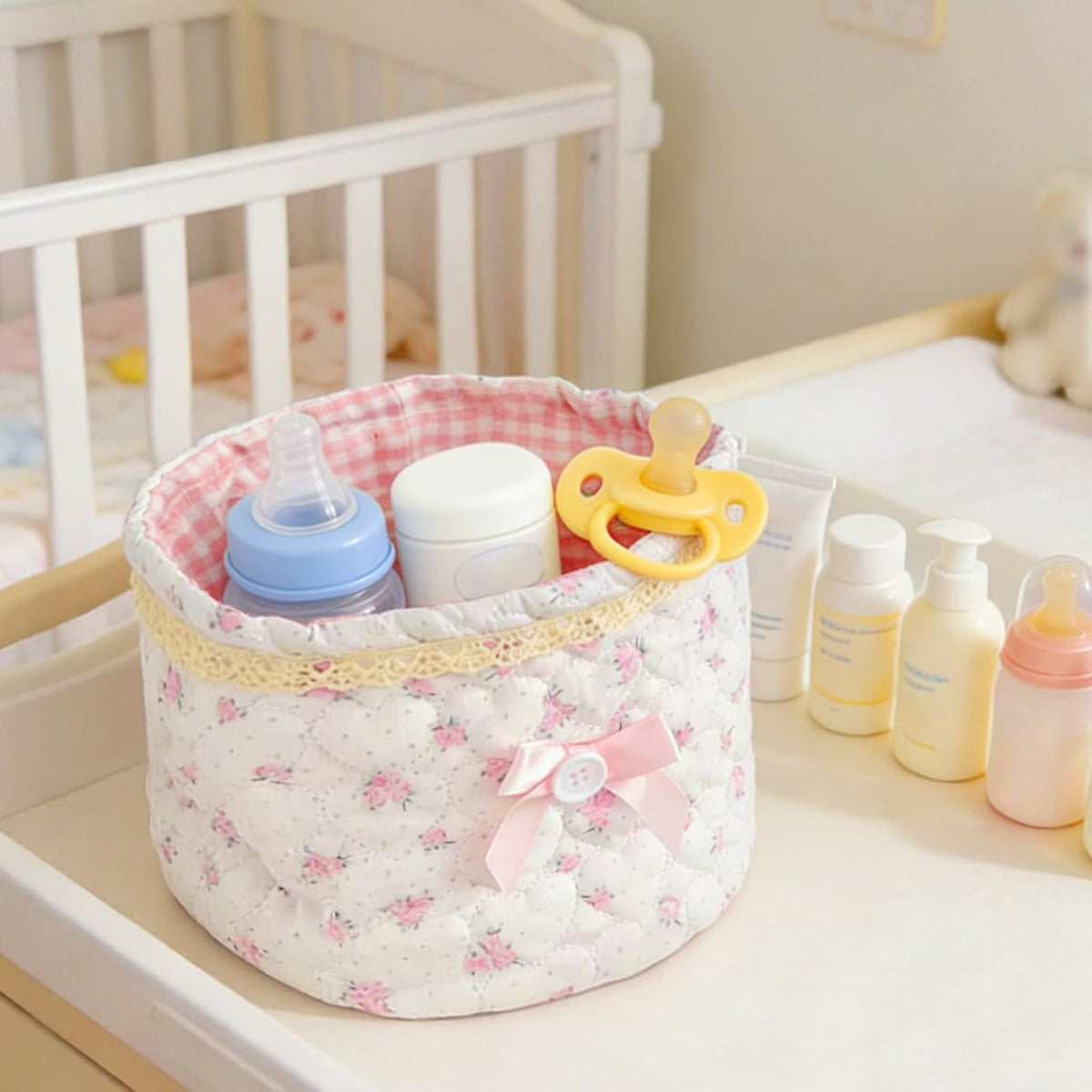 Cosmetic Storage Basket Lace Bow Small Storage Quilted Cotton Basket Multifunctional Desk Container Organizer Cute Bedside Caddy for Little Items for Countertop or Dresser (Pink and White)