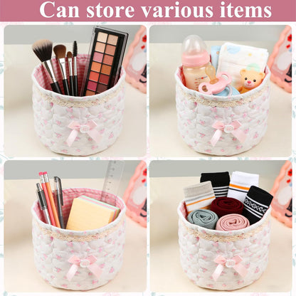 Cosmetic Storage Basket Lace Bow Small Storage Quilted Cotton Basket Multifunctional Desk Container Organizer Cute Bedside Caddy for Little Items for Countertop or Dresser (Pink and White)