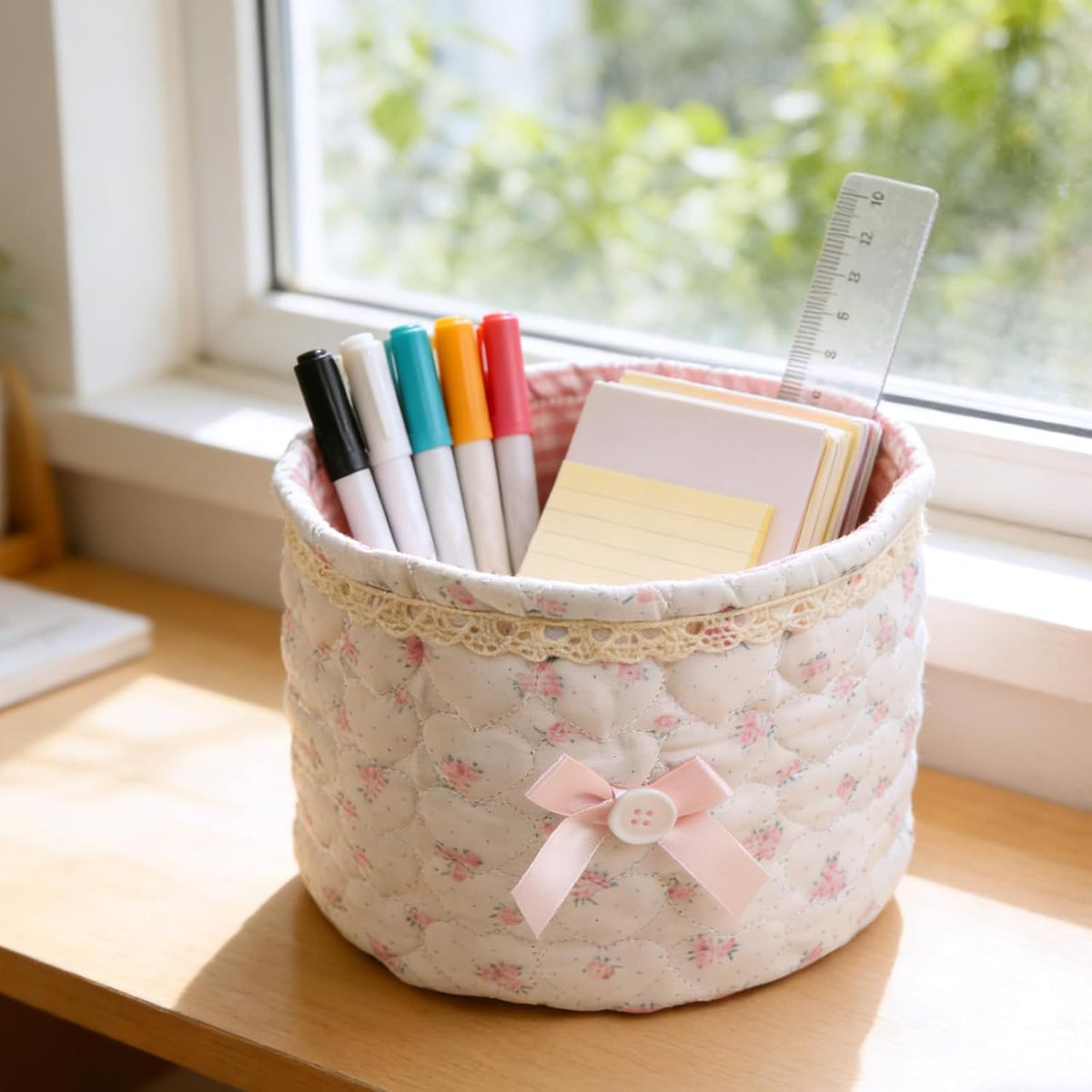 Cosmetic Storage Basket Lace Bow Small Storage Quilted Cotton Basket Multifunctional Desk Container Organizer Cute Bedside Caddy for Little Items for Countertop or Dresser (Pink and White)