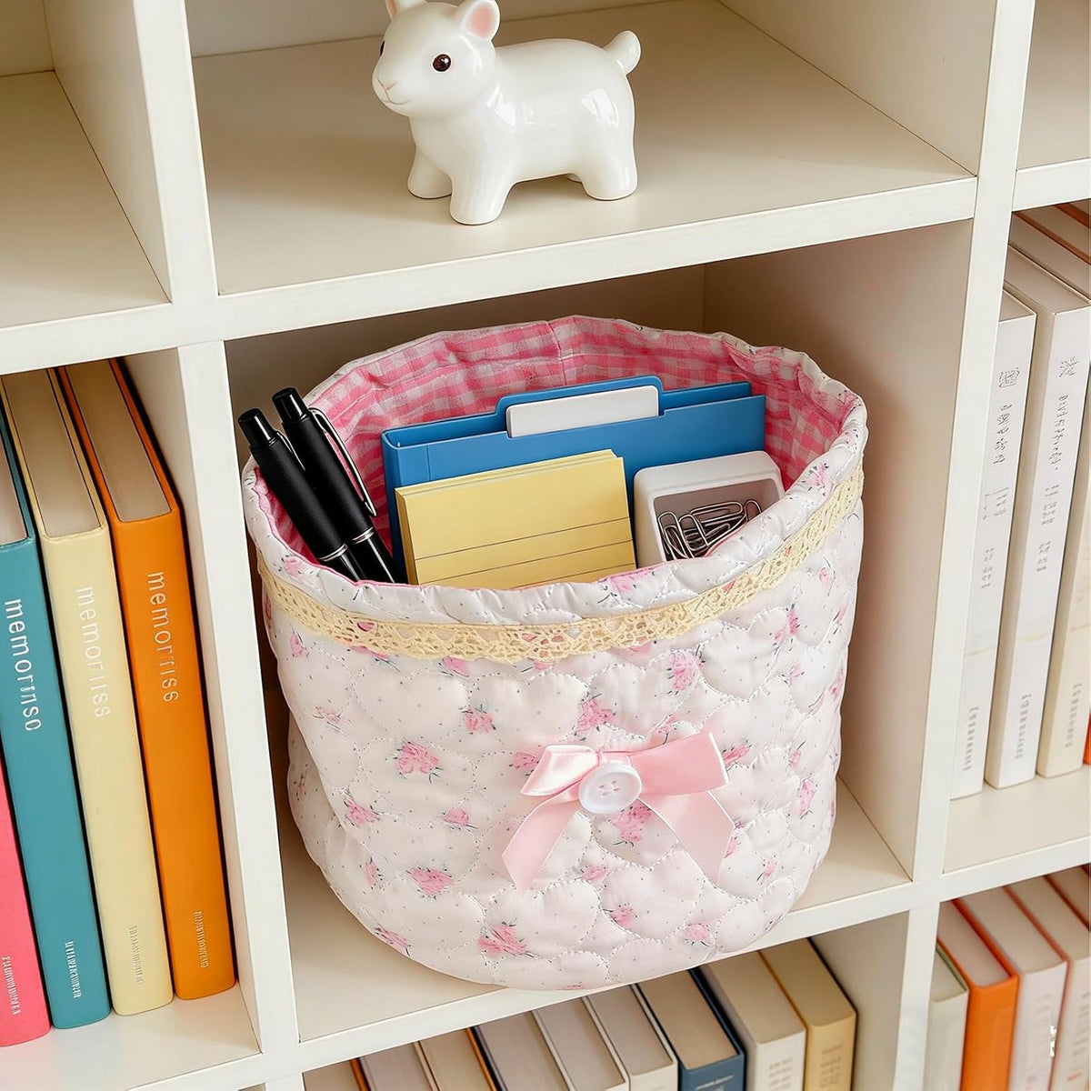 Cosmetic Storage Basket Lace Bow Small Storage Quilted Cotton Basket Multifunctional Desk Container Organizer Cute Bedside Caddy for Little Items for Countertop or Dresser (Pink and White)