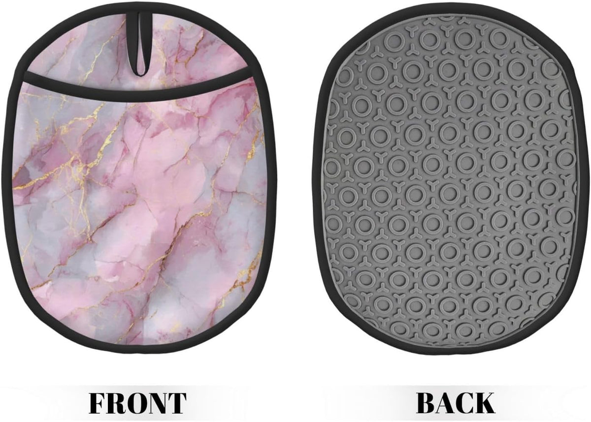 Light Pink Marble with Gold Silicone Pot Holders,2pcs, Heat Resistant Oven Mitts Large Potholders for Kitchen Cooking Baking Hot Pads