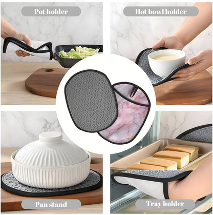 Light Pink Marble with Gold Silicone Pot Holders,2pcs, Heat Resistant Oven Mitts Large Potholders for Kitchen Cooking Baking Hot Pads
