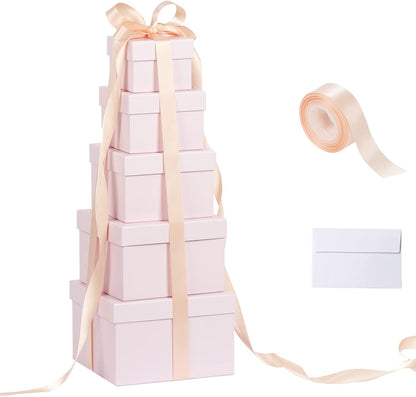 5 Pack Large Square Nesting Gift Boxes with Lids for Presents, 4"-8" Pink Stacking Gift Box with Ribbon Card for Wedding Birthday Party Valentine Christmas