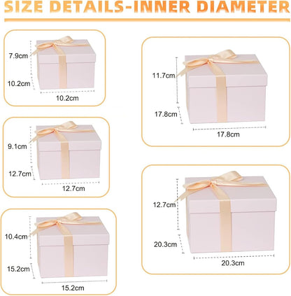 5 Pack Large Square Nesting Gift Boxes with Lids for Presents, 4"-8" Pink Stacking Gift Box with Ribbon Card for Wedding Birthday Party Valentine Christmas