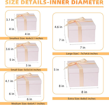 5 Pack Large Square Nesting Gift Boxes with Lids for Presents, 4"-8" Pink Stacking Gift Box with Ribbon Card for Wedding Birthday Party Valentine Christmas