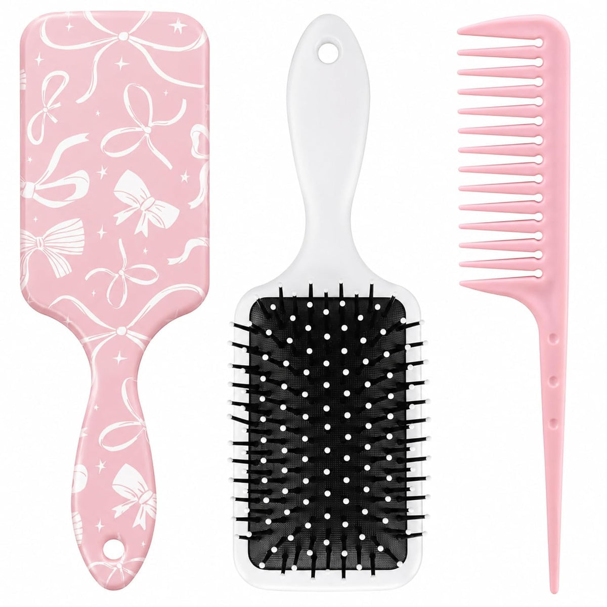 2 Pcs Pink Bow Hair Brush Set Cute Air Cushion Comb Tail Comb Girl