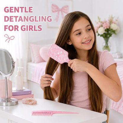2 Pcs Pink Bow Hair Brush Set Cute Air Cushion Comb Tail Comb Girl