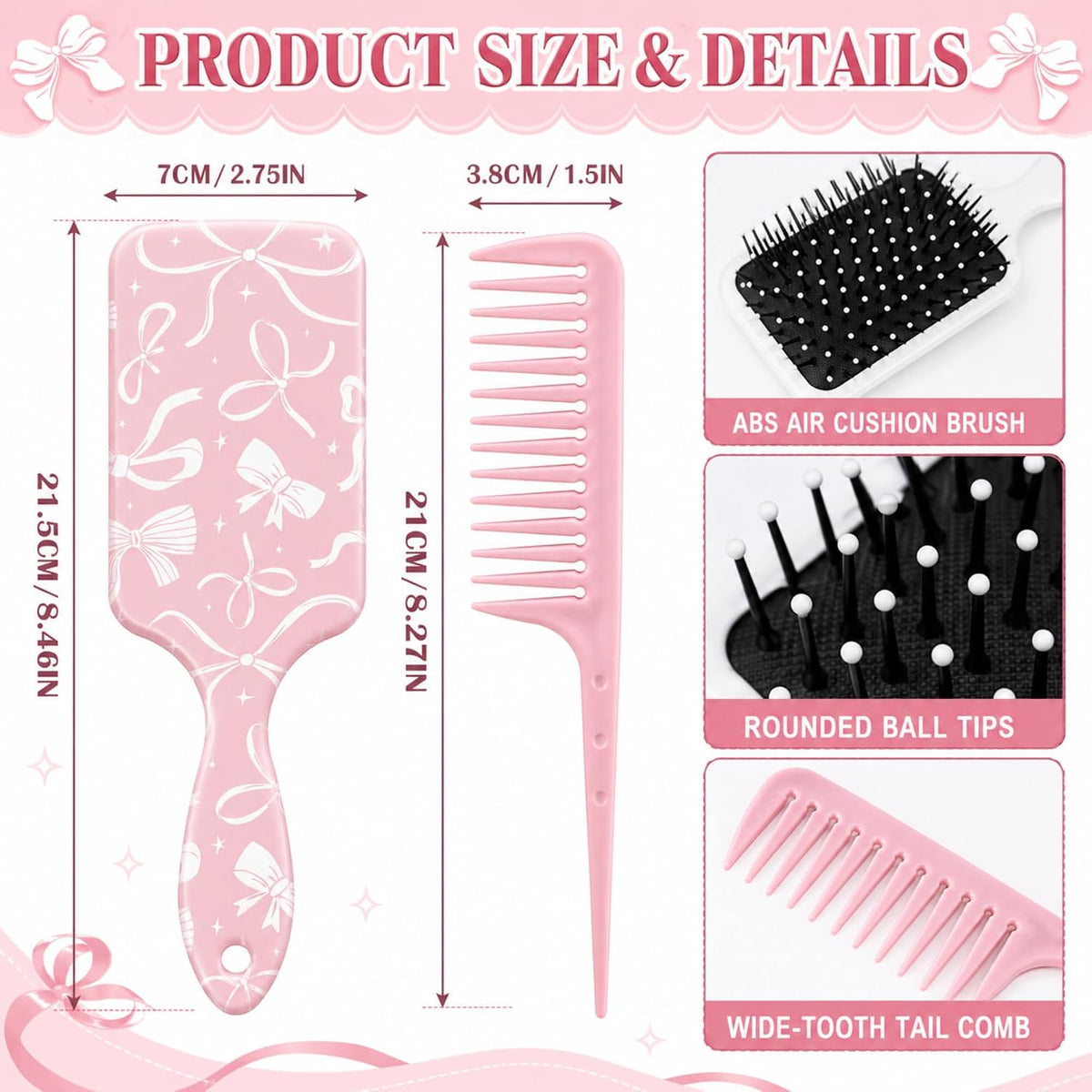 2 Pcs Pink Bow Hair Brush Set Cute Air Cushion Comb Tail Comb Girl