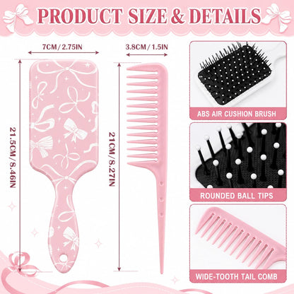 2 Pcs Pink Bow Hair Brush Set Cute Air Cushion Comb Tail Comb Girl