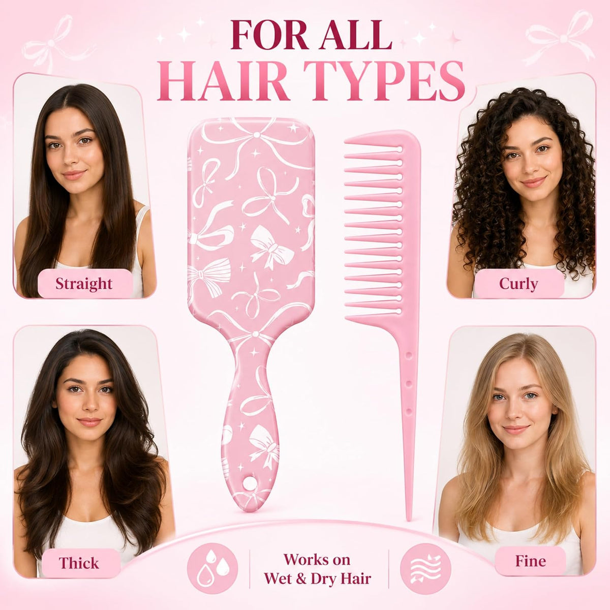 2 Pcs Pink Bow Hair Brush Set Cute Air Cushion Comb Tail Comb Girl