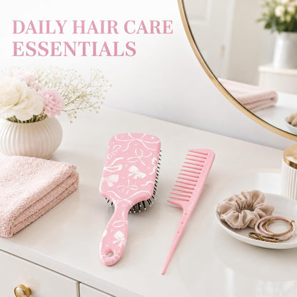 2 Pcs Pink Bow Hair Brush Set Cute Air Cushion Comb Tail Comb Girl