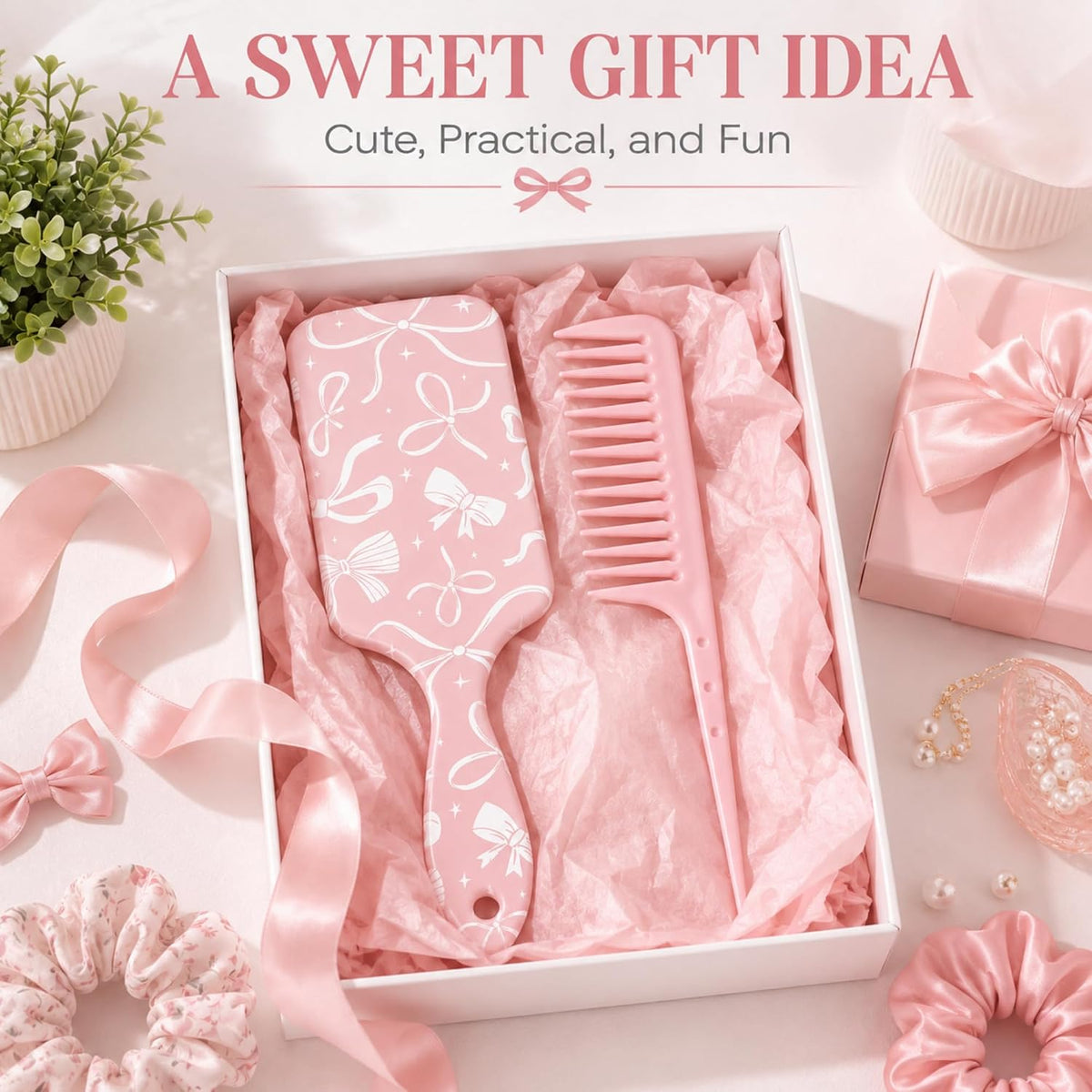 2 Pcs Pink Bow Hair Brush Set Cute Air Cushion Comb Tail Comb Girl