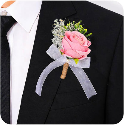 Wedding Rose Boutonniere Pink Groom Flower Men's Boutineer Prom Buttonholes Party Suit Decor Anniversary Accessories for Bridegroom and Man