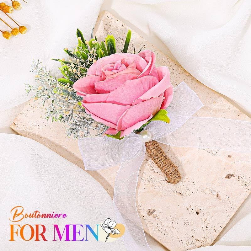 Wedding Rose Boutonniere Pink Groom Flower Men's Boutineer Prom Buttonholes Party Suit Decor Anniversary Accessories for Bridegroom and Man