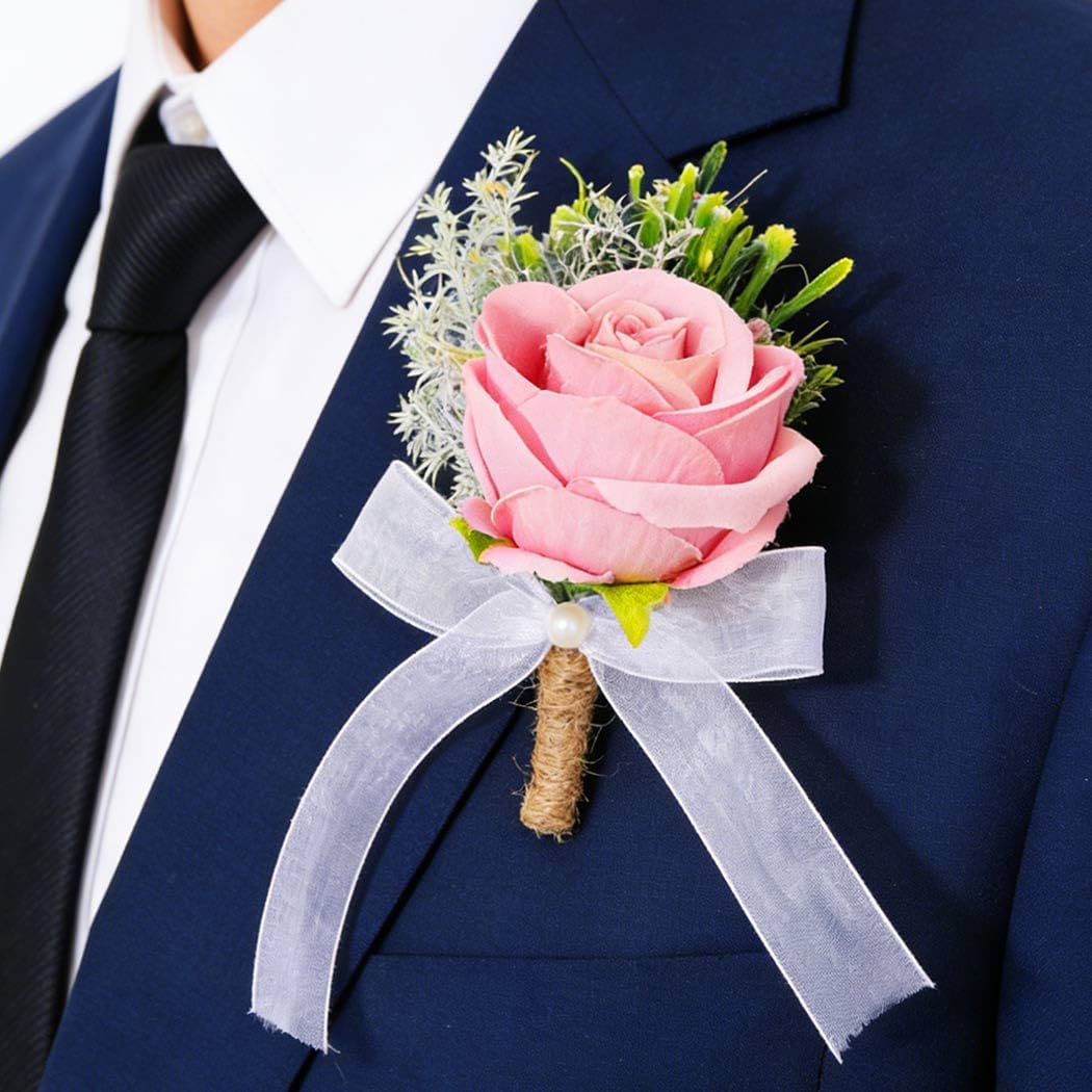 Wedding Rose Boutonniere Pink Groom Flower Men's Boutineer Prom Buttonholes Party Suit Decor Anniversary Accessories for Bridegroom and Man