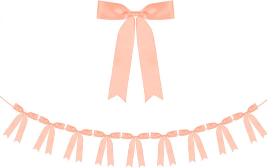 Peach Bow Garland Banner 1 String 9 PCS, Pre-Strung Satin Ribbon Bow Ornaments for Birthday, Baby Shower, Bridal Shower, Wedding, Bachelorette Party, Engagement, Anniversary, Graduation Decor
